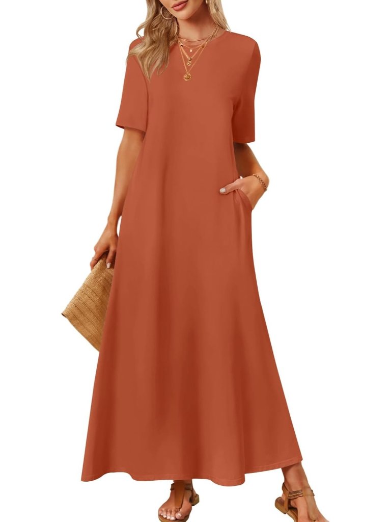 Women's Caramel Summer Casual Maxi Dress Vacation Crew Neck Short Sleeve Dress